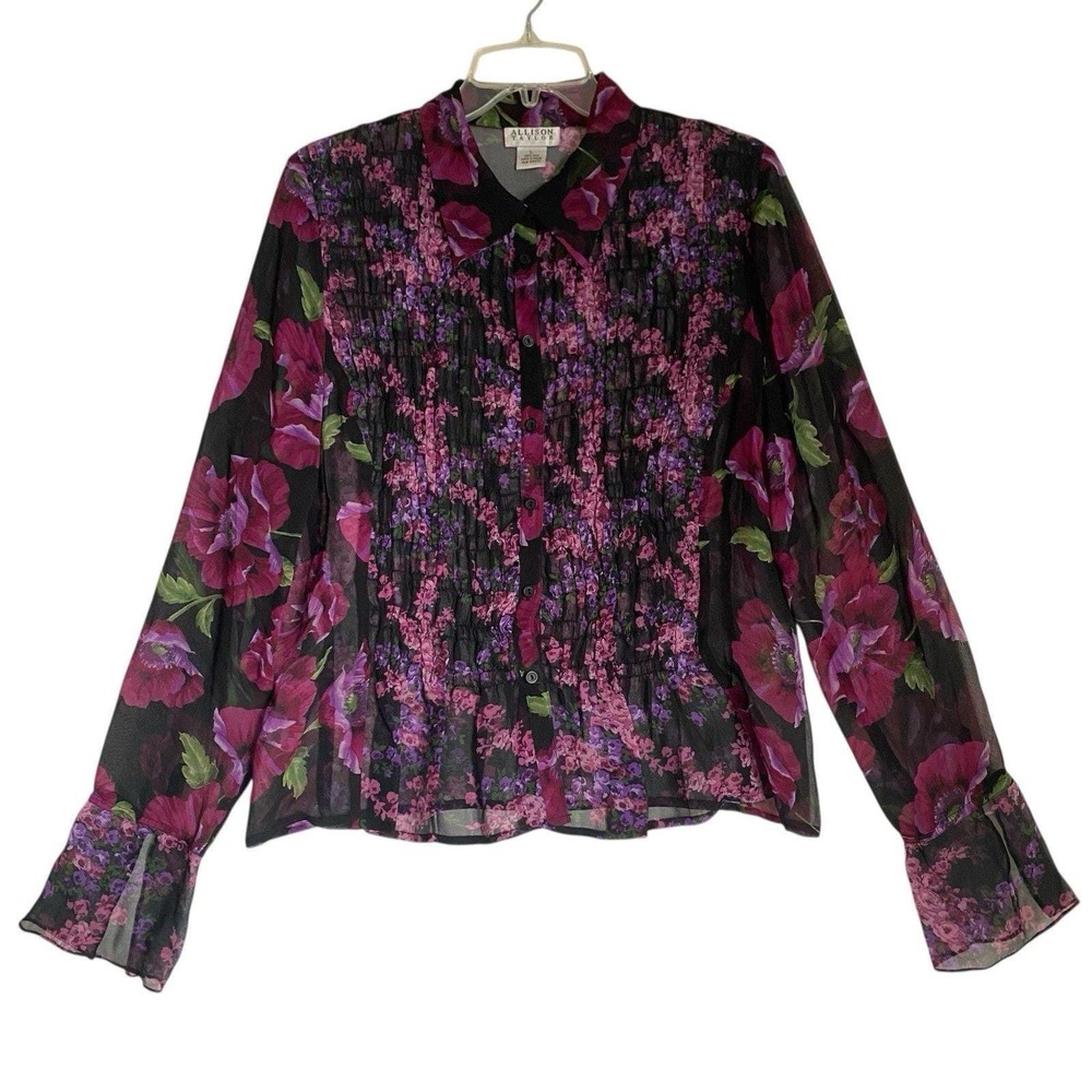 Vintage Allyson Taylor Silk Shirt Top L Floral Purple Button Up Business Casual